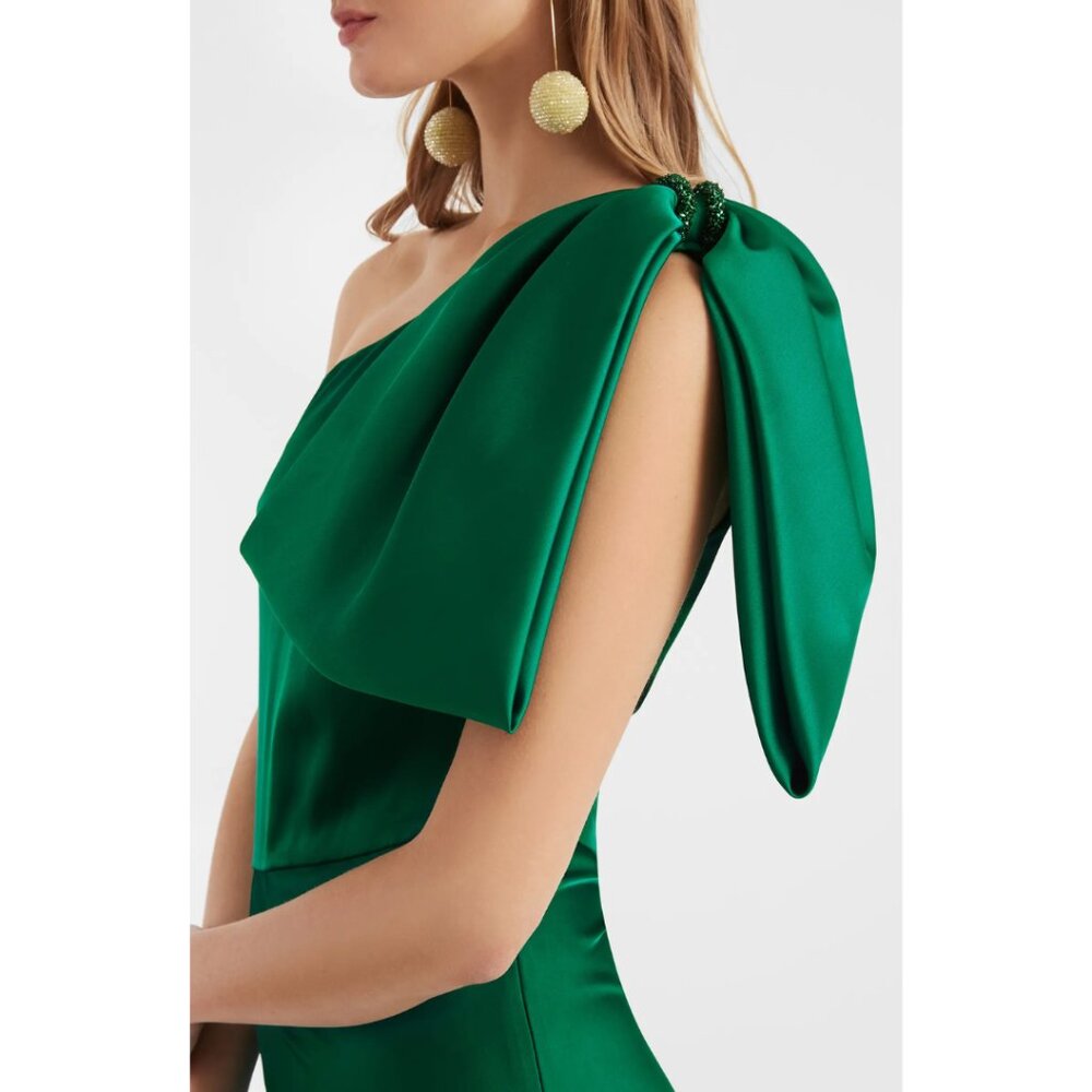 Sachin & Babi Size 6‎ Kelly Green Aubrey Satin One Shoulder Bow Gown Maxi Dress - Picture 4 of 4